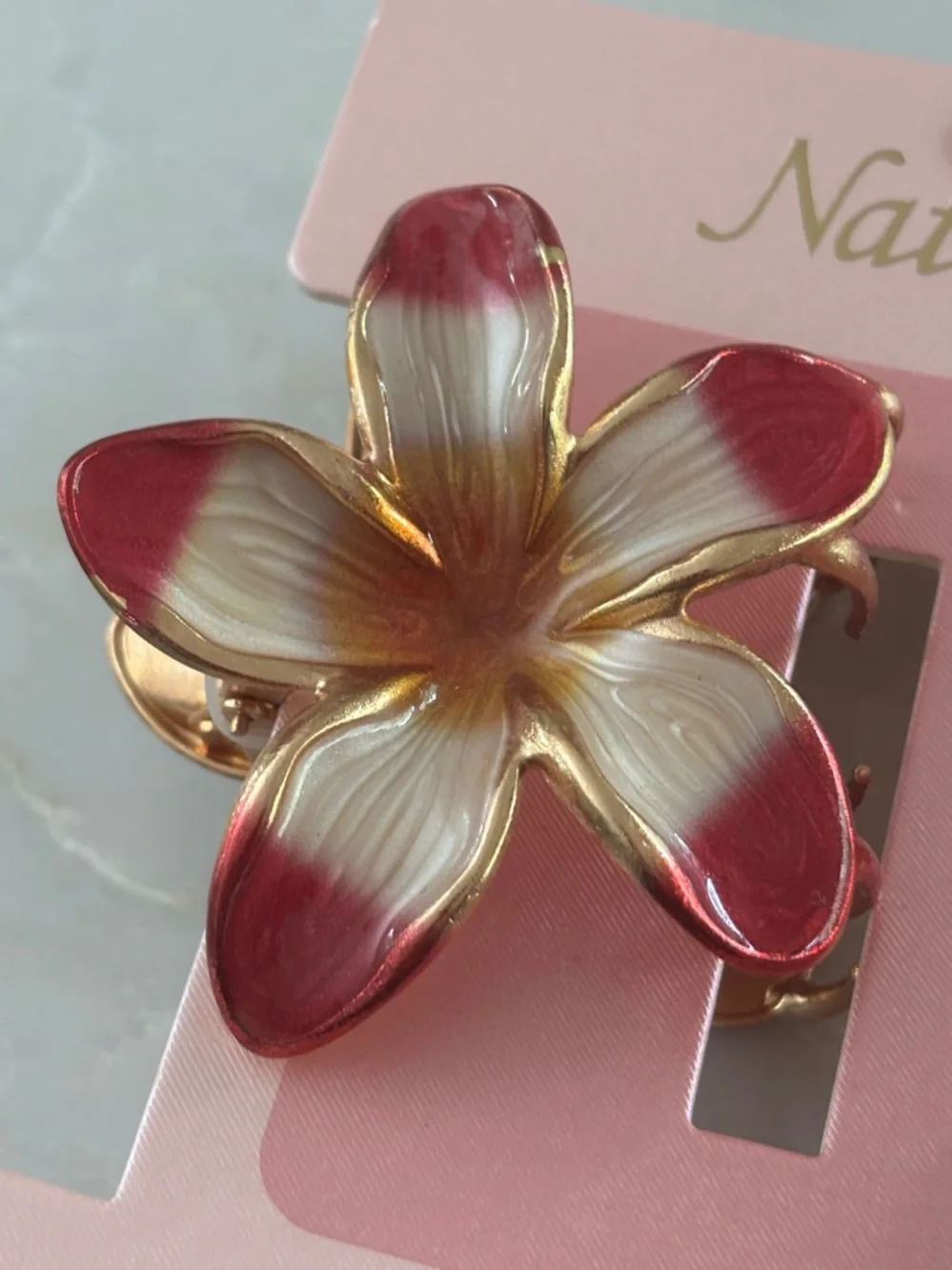 NWT Natasha Couture Pink and Gold Tropical Plumeria Floral Hair Claw Set